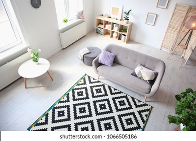 Living Room Interior With Comfortable Sofa, View Through CCTV Camera