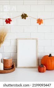 Living Room Interior Design With Autumn Fall Decor And Picture Frame Mockup. Thanksgiving, Halloween Holiday Poster Concept.