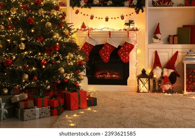 Living room interior with fireplace and festive decor. Christmas celebration - Powered by Shutterstock