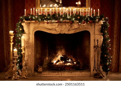 Living room interior with fireplace and festive decor. Christmas celebration - Powered by Shutterstock