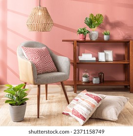 Living Room Interior with Linen Accent Sofa Seat, Decorative Pink Throw Pillows, shelf Bookcase, Rattan Hanging Lamp, Potted Plants. Sunlit Room with Window Shadows on Salmon Pink Wall, Spring Style. - Powered by Shutterstock