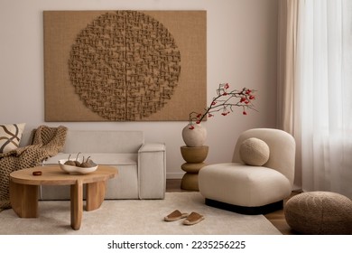 Living room interior with mock up poster frame, beige sofa, round wooden coffee table, rug, pouf, vase with rowan, rounded shapes armchair, braided plaid and personal accessories. Home decor. Template