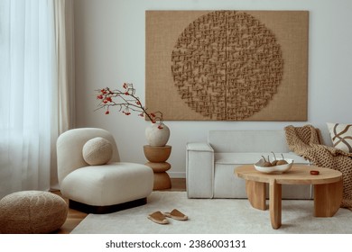 Living room interior with mock up poster frame, beige sofa, round wooden coffee table, rug, pouf, vase with rowan, rounded shapes armchair, braided plaid and personal accessories. Home decor. Template - Powered by Shutterstock