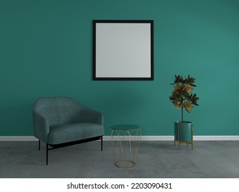 Living room interior mockup poster with empty square black frame on teal colored wall - Shutterstock ID 2203090431