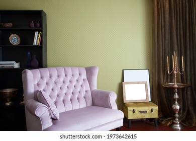 Living Room Interior With Pink Velour Couch, Bronzing Curtains And Chic Floor Lamp, Candelabra, Shelf For Art Mockups