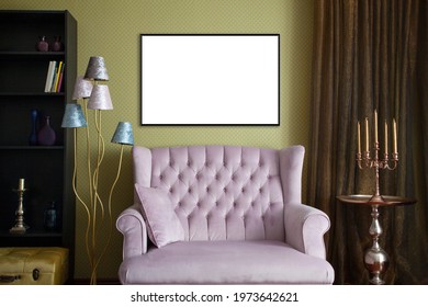 Living Room Interior With Pink Velour Couch, Bronzing Curtains And Chic Floor Lamp, Candelabra, Shelf For Art Mockups