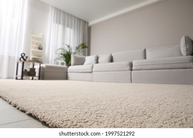 Living room interior with stylish furniture, focus on soft carpet
