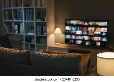 Living room interior and Video on Demand service on smart TV - Shutterstock ID 2074940230