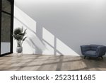 Living room interior wall mockup with yellow armchair and green plant in the pot on empty white wall background with shadows of window. 3d rendering