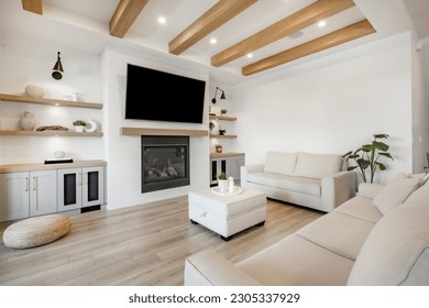 Living room interior with white decor arched mirror and built in shelving warm white tone minimalist