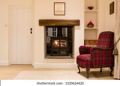 Living Room Interior With A Wood Burning Stove, UK 