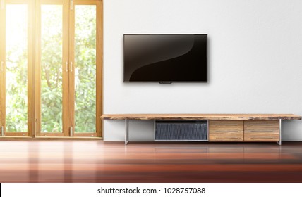 Living Room Led Tv On White Wall With Wooden Table Empty Interrior