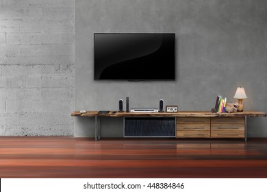 Living Room Led Tv On Concrete Wall With Wooden Table Media Furniture Modern Loft Style