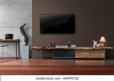 Living Room Led Tv On Brown Wall With Wooden Table Media Furniture Modern Loft Style