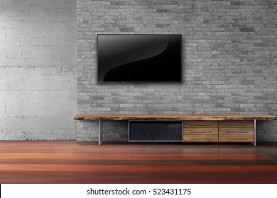 Living Room Led Tv On Brick Wall With Wooden Table And Plant In Pot Empty Interior