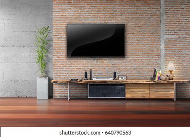 Living Room Led Tv On Red Brick Wall With Wooden Table And Plant In Pot Empty Interior