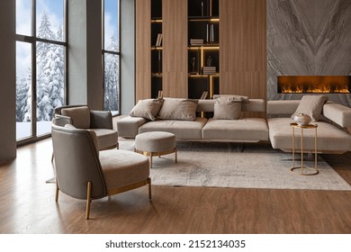 Living Room, Marble Wall Fireplace And Stylish Bookcase To The Ceiling In A Chic Expensive Interior Of A Luxurious Country House With A Modern Design With Wood And Led Light, Gray Furniturу