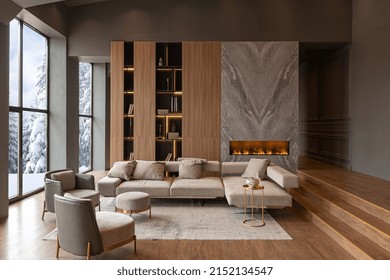 living room, marble wall fireplace and stylish bookcase to the ceiling in a chic expensive interior of a luxurious country house with a modern design with wood and led light, gray furniturу - Shutterstock ID 2152134547