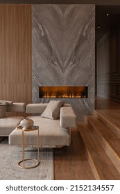 Living Room, Marble Wall Fireplace And Stylish Bookcase To The Ceiling In A Chic Expensive Interior Of A Luxurious Country House With A Modern Design With Wood And Led Light, Gray Furniturу