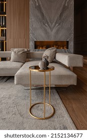 Living Room, Marble Wall Fireplace And Stylish Bookcase To The Ceiling In A Chic Expensive Interior Of A Luxurious Country House With A Modern Design With Wood And Led Light, Gray Furniturу