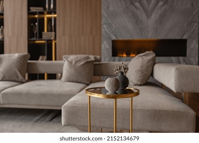 Living Room, Marble Wall Fireplace And Stylish Bookcase To The Ceiling In A Chic Expensive Interior Of A Luxurious Country House With A Modern Design With Wood And Led Light, Gray Furniturу