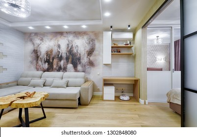 Living Room With Mural, Light Interior Design Of Flat Or House. Wall Stylish Painting Inside Apartments. Beautiful Home Fresco With Animals. Moscow - Dec 6, 2018