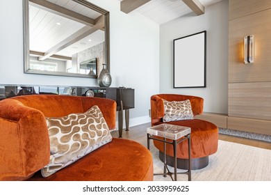 living room with orange chairs piano wooden beams and ocean view