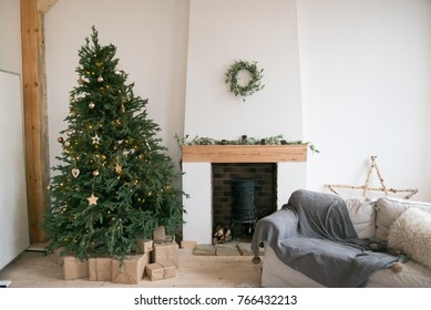 Living Room In Scandinavian Style With A Christmas Decor. Holiday Background. New Year's Decorations. 
