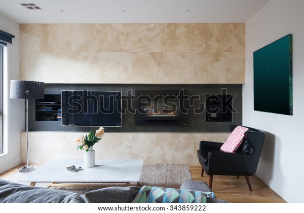 Living Room Wall Mounted Tv Gas Royalty Free Stock Image