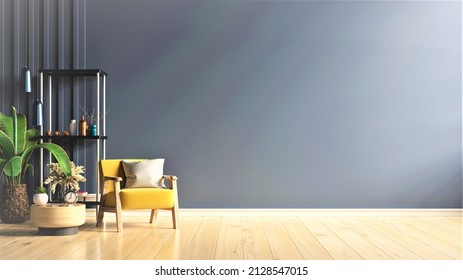 Living room with yellow armchair on empty dark blue wall background,3D rendering