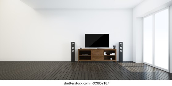 Living Room.modern Interior With Wooden Tv Stand And Hi-end Speaker