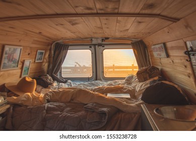 Living The Van Life. Sunset Through The Back Window. 