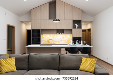 Livingroom Connected Kitchen Background Contemporary House Stock Photo