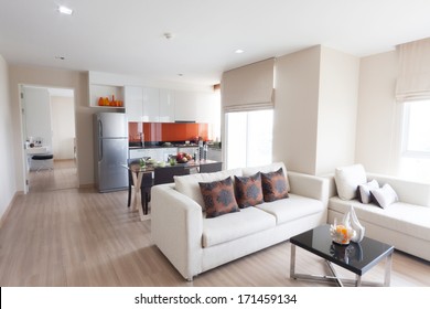 living-room and kitchen with dining table in condominium.