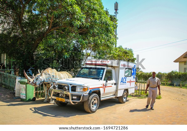 LIVINGSTONE, ZAMBIA - OCTOBER 4, 2018: Ace\
Ambulance in Livingstone, Zambia. Ace Air & Ambulance is an\
EMS company licensed and approved to conduct Ground and Air\
Evacuation within Zimbabwe and\
Zambia