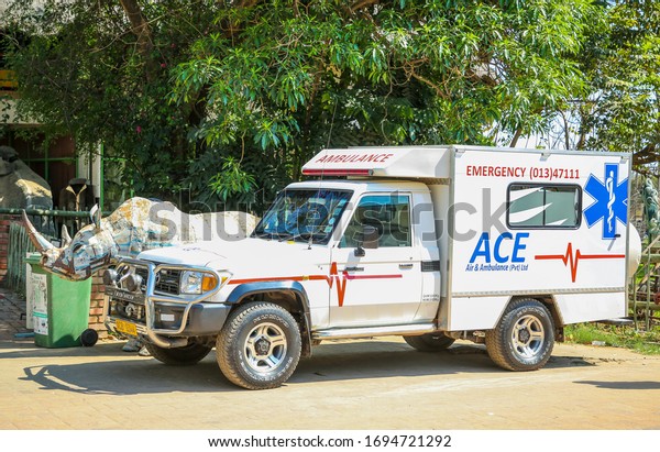 LIVINGSTONE, ZAMBIA - OCTOBER 4, 2018: Ace\
Ambulance in Livingstone, Zambia. Ace Air & Ambulance is an\
EMS company licensed and approved to conduct Ground and Air\
Evacuation within Zimbabwe and\
Zambia