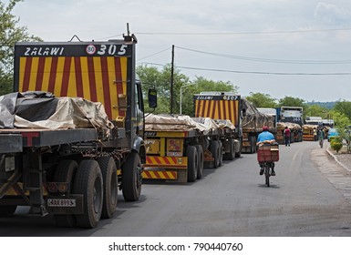 LIVINGSTONE, ZAMBIA-NOVEMBER 23, 2017: Trucks At The Border Crossing Between Zambia And Zimbabwe At Livingstone, Zambia