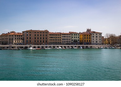 LIVORNO, ITALY - APRIL 8, 2018 - Scenic View Of Livorno City From The Sea; Tuscany