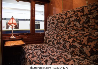 LIVORNO, ITALY - February 23, 2019: The Legendary Venice Simplon Orient Express Under Maintenance In The Sheds Of The Mida Factory. Interior Design.