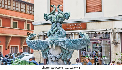 LIVORNO, ITALY - SEPTEMBER 13, 2018: Photo Of Fountain Of The Sea Monsters (Fountane Dei Mostri Marini).