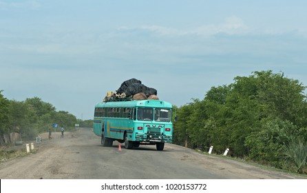 LIVUNE, ZAMBIA-NOVEMBER 24, 2017: Bus On The M10 Road Between Kazungula And Sesheke In Southern Zambia Parallel To The Zambezi River