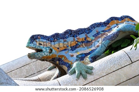 Lizard Fountain at Park Guell, popular touristic objects in Barcelona, Spain. Multicolored mosaic of Salamander or Dragon, isolated on white background.