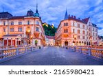 Ljubljana. Beautiful cities of Europe - charming, capital of Slovenia, panoramic view with castle and Triple Bridge
