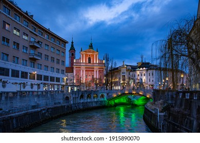 Ljubljana City Centre At Night, Central Slovenia Region