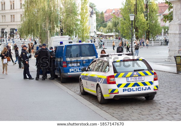 LJUBLJANA, SLOVENIA. 16.8.2020. Police in the\
city center preparing for protection detail during the riot. Police\
safety on the\
streets