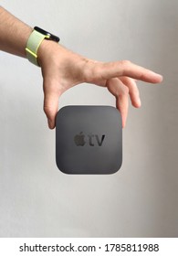 Ljubljana / Slovenia - 2020 May 14: Man Holds Apple TV 4K