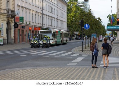 Ljubljana, Slovenia 4.7.2019 Policemen On Motorcycles In City Center. Group Of Police Vehicles On The Streets