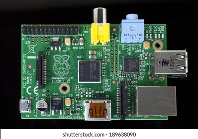 LJUBLJANA, SLOVENIA - APRIL 27, 2013: Photo Showing A Raspberry Pi credit Card Sized single Board Computer  Developed In The UK by The Raspberry Pi Foundation. It Uses Open Source Software.