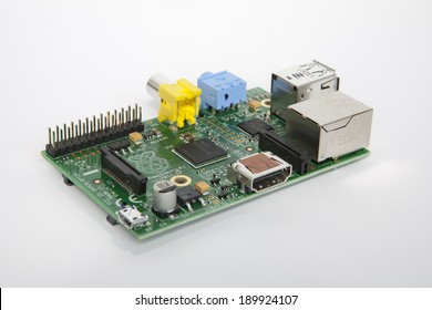 LJUBLJANA, SLOVENIA - APRIL 29, 2013: Photo Showing A Raspberry Pi Credit Card Sized Single Board Computer  Developed In The UK By The Raspberry Pi Foundation. It Uses Open Source Software.