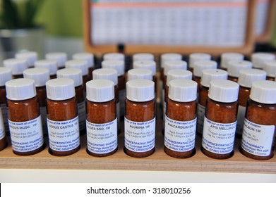 Ljubljana, Slovenia (Europe). 13 Feburary 2012. Homeopathic drugs in little bottles.